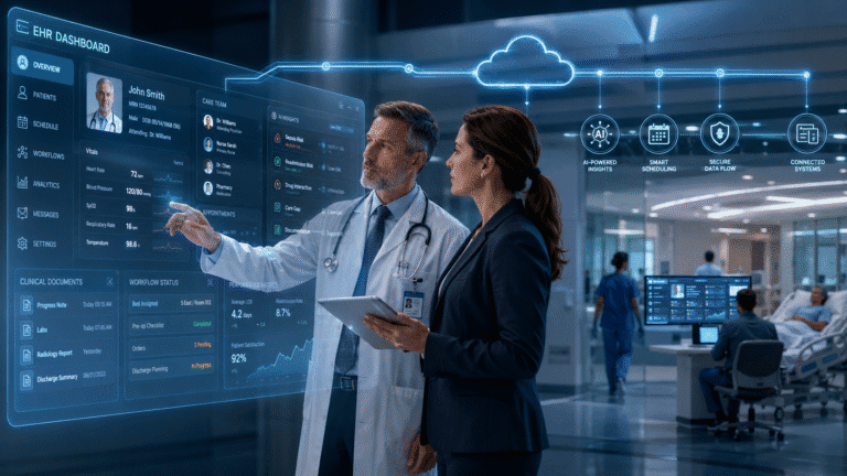 Modern hospital using EHR optimization services to improve clinical efficiency.