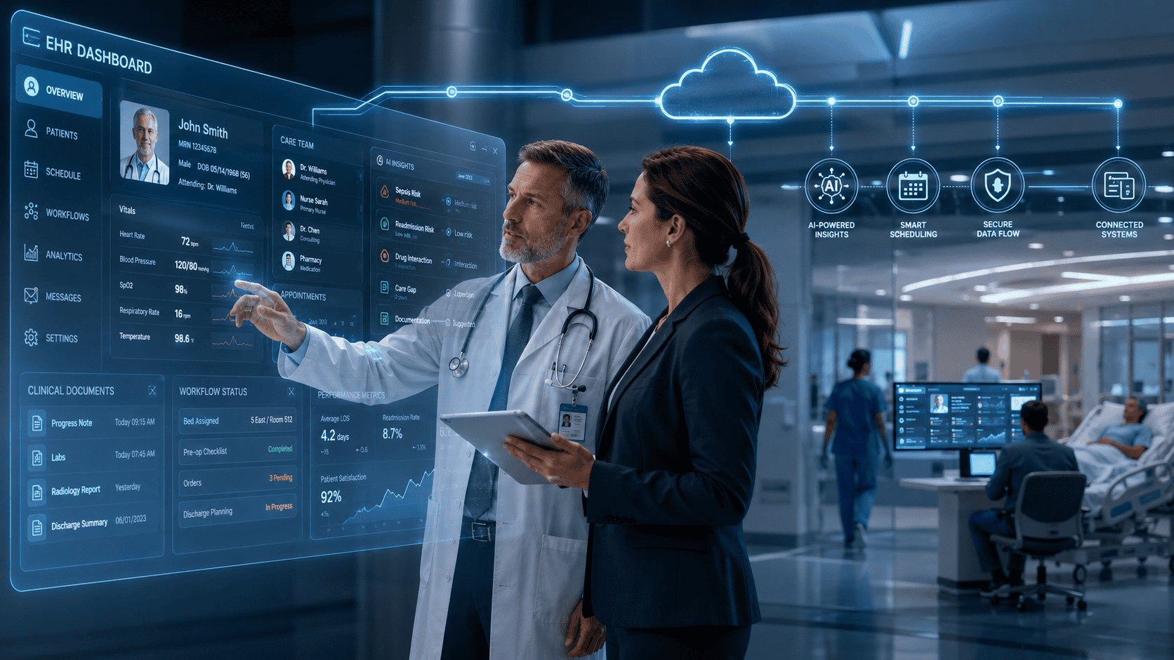 Modern hospital using EHR optimization services to improve clinical efficiency.